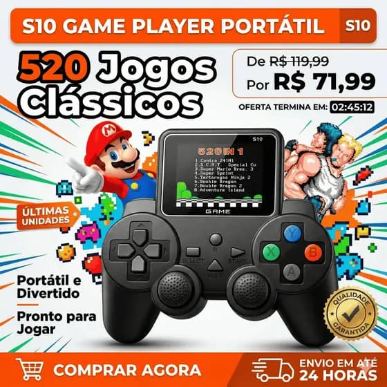 GamePad-S10  520 Jogos Retrô | Console Portátil com Tela 2.4" D Led | Vídeo Game |  Sem fio | Diversão Ininterrupta