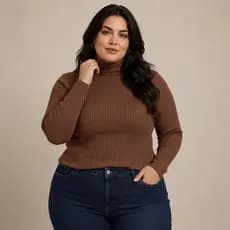 Blusa Plus Size Cacharrel Segunda Pele Canelada Manga Longa Gola Alta Feminina G1 G2 G3 Inverno