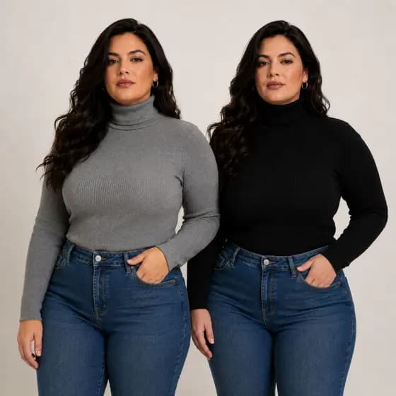 Kit 2 Blusa Feminina Plus Size Cacharrel Segunda Pele Canelada Manga Longa Gola Alta Inverno