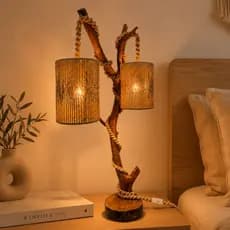 Luminária Para Quarto Rústico Abajur de Mesa Madeira + Cúpula e Galho
