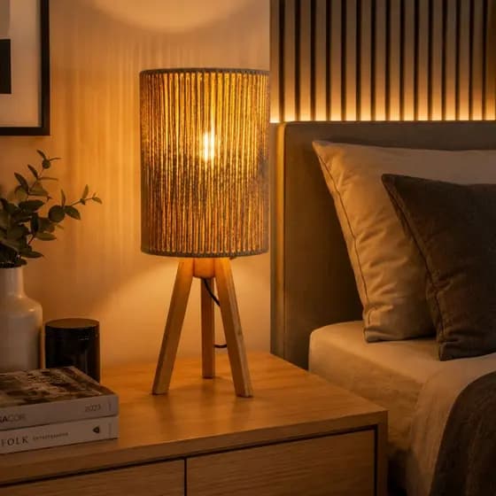 Abajur De Mesa Em Madeira Com Cúpula De Cordão Decoração Para Quarto