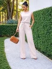 conjunto feminino duna blusa a cinturada e calça confortavel com forro e amarração na cintura luxo casual elegante