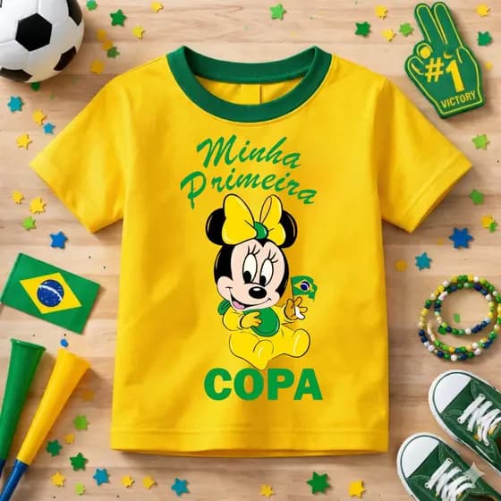 Camiseta Infantil Menina Estampada Minnie Minha Primeira Copa Brasil Algodão Macio Lançamento