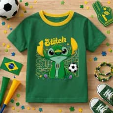 Camiseta Infantil Stitch Estampada Copa Do Mundo Algodão Macio Lançamento Crianças