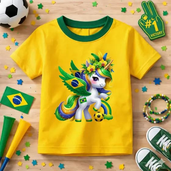 Camiseta Infantil Unicórnio Brasil Estampada Copa Do Mundo Algodão Macio Lançamento Crianças