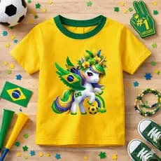 Camiseta Infantil Unicórnio Brasil Estampada Copa Do Mundo Algodão Macio Lançamento Crianças
