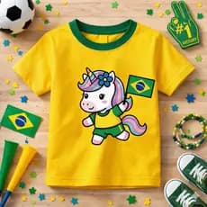 Camiseta Infantil Unicórnio Brasil Estampada Copa Do Mundo Algodão Macio Lançamento Crianças Novos