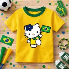 Camiseta Infantil Menina Estampada Hello Kity Brasil Copa Do Mundo Algodão Lançamento Crianças