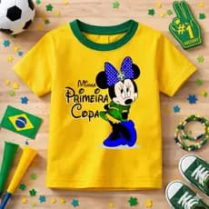 Camiseta Infantil Menina Minie Minha Primeira Copa Do Mundo Algodão Macio Lançamento Crianças