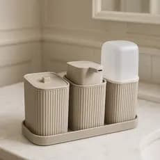Kit 3 Acessórios Banheiro Lavabo Com Bandeja Dispense Sabonete Líquido Porta Algodão Porta Escovas