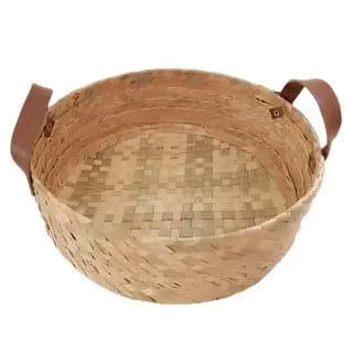 Cesta Redonda 25x10cm Cachipot de palha carnaúba de pão fruteira organizador decorativo com alça de couro