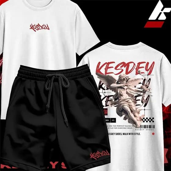 KIT Camiseta Streetwear Masculina Feminina 100% Algodão e Bermuda Mauricinho Estampa KESDEY ANJO FLECHA