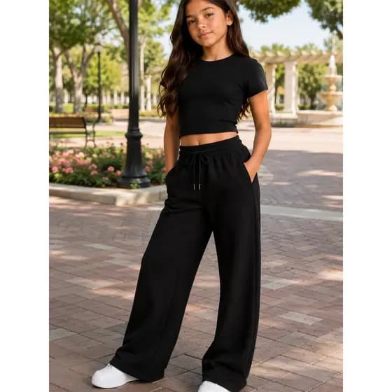 Calça Pantalona Wide Leg Moletom Feminina Infantil Cós Elástico Bolso Confortável