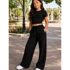 Calça Pantalona Wide Leg Moletom Feminina Infantil Cós Elástico Bolso Confortável