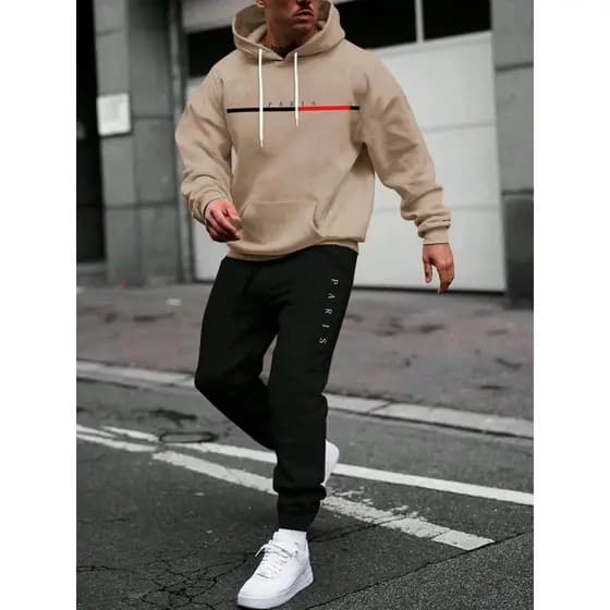 Conjunto Blusa de Frio Casaco Esporte Canguru Paris Com Bolso Capuz + Calça Paris Moletom Unissex