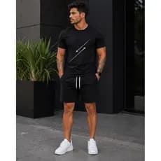 Conjunto Masculino Camiseta Algodão 30.1 + Short Tactel Preto Leve Confortável