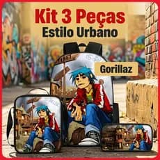 [Pronta Entrega] Mochila com Estampa de Grafite Gorillaz, Conjunto de Três Peças, Alças de Ombro Reforçadas, Resistente