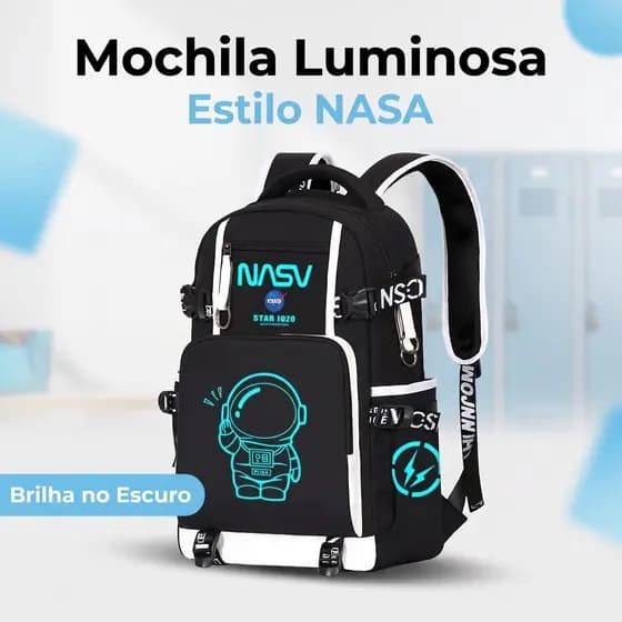 Mochila escolar infantil para menino, estampa cartoon de astronauta, luminosa, impermeável, leve e ampla capacidade