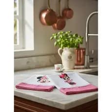 KIT PANO DE PRATO 2 PEÇAS MINNIE BORDADO COM BAINHA ROSA