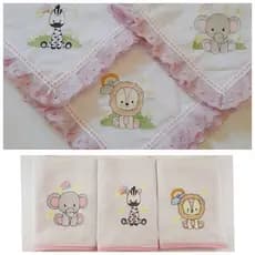 kit manta cueiro + Fralda de boca bordado 6 peças rosa safari