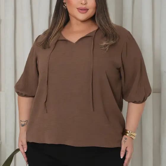 Blusa Plus size Manga com Elastico Camisa Elegante Social Casual Trabalho Moda Evangelica Feminina