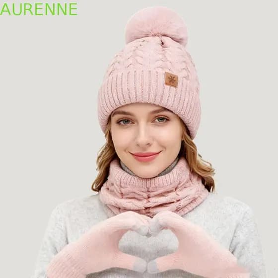 AURENNE Pompom Beanies Hat , Beanie Engrossado Mulheres Chapéu Cachecol Luvas Conjunto , Cor Sólida