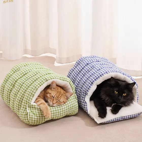 Cama De Gato De Inverno ISITAB , Semi-Selada Com Padrão Xadrez Quente Para Animais De Estimação , Ninho De Algodão Espes