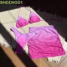 SHEENGD1 Conjunto De Roupa De Banho 3 Em 1 De Cor Gradiente , Maiô De Biquíni Com Cadarço V Profundo , Roupas De Praia
