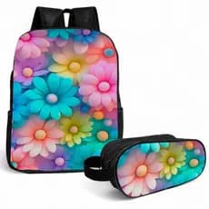 Kit Escolar Mochila 10 Litros + Estojo 2 Zíperes Lápis Infantil Flores Alça Ajustavél Creche Nylon