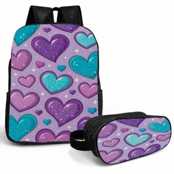 Kit Escolar Mochila 10 Litros + Estojo 2 Zíperes Lápis Infantil Coração Lilás Alça Ajustavél Nylon
