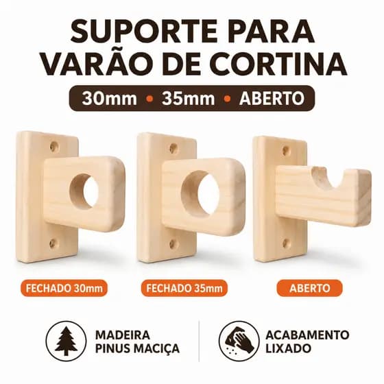 Suporte Para Varão De Cortina Em Madeira Pinus Maciça Lixado + kit de instalação