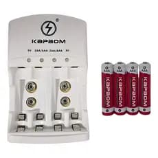 Carregador de Pilhas Kapbom com LED + 4 Pilhas AAA Recarregáveis | Bivolt | Auto Stop