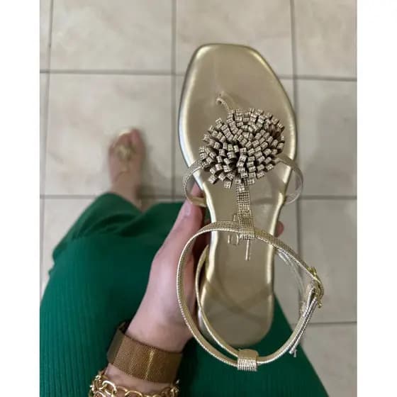 Sandália Rasteira Feminina Luxo Com Flor Metalizada - Bico Quadrado - Premium A29-500