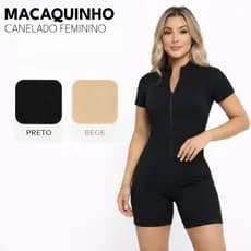 Macaquinho Feminino Canelado Curto Manga Curta Com Zíper Casual Moda Feminina Virginia Justo Premium