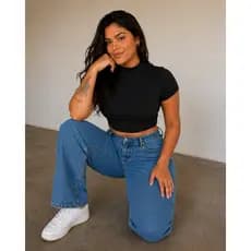 Cropped Feminino Plus Size Gola Alta Manga Curta Básico Canelado G1 G2 Moda Casual