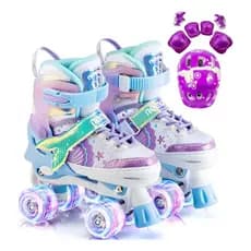 Patins 4 Rodas Infantil Ajustável Arco Íris, Sereia, Dinossauro TODOS c Led nas Rodas e Kit Proteção