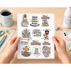IMPRESSÃO DTF-UV colante, adesivo, stickers- Folha A4 frases motivacionais, desenhos Páscoa Jesus