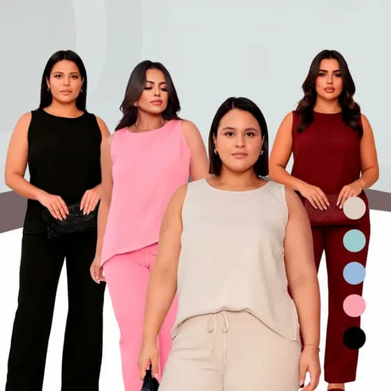 Conjunto Feminino GG Alfaiataria Blusa e Calça em Linho Casual Elegante Luxo