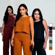 Conjunto Feminino Linho Premium Blusa Regata + Calça Cintura Alta