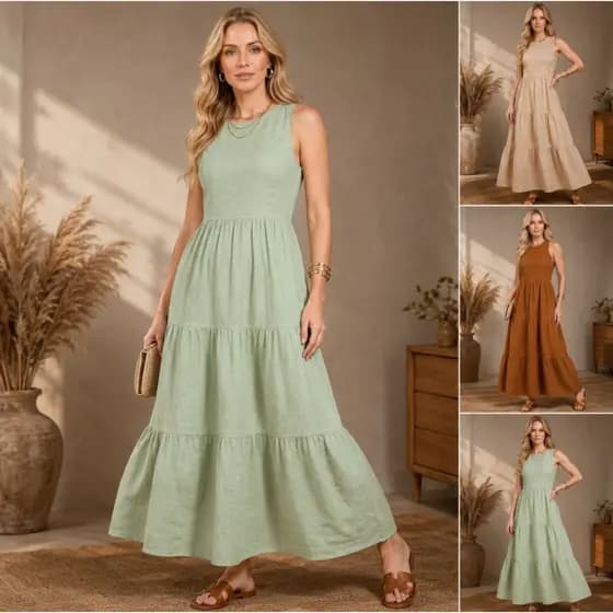 Vestido Feminino Três Marias Midi Longo Viscose com Linho Fluido Casual Elegante