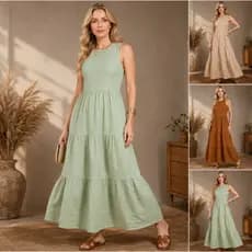 Vestido Feminino Três Marias Midi Longo Viscose com Linho Fluido Casual Elegante