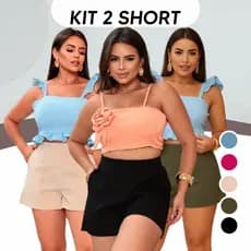 Kit 2 Short Feminino Linho Cintura Alta Bolsos Casual Básico Promoção