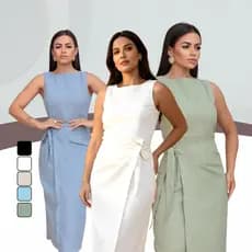 Vestido Midi Alfaiataria Feminino Linho Elegante com Amarração Lateral Social Casual