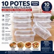 Kit 10 Marmita 800ml Pote Hermético Tampa 4 Travas BPA Free Fitness Freezer Microondas