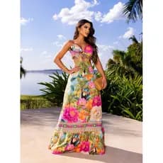 Vestido Feminino Verão Estampa Tropical  Alças Reguláveis E Amarrar Nas Costas Fresquinho Praia Casual