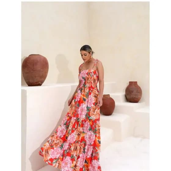Vestido Longo Estampado Com Elastex No Busto Alças De Amarrar Verão Casual Feminino Fresquinho Praia