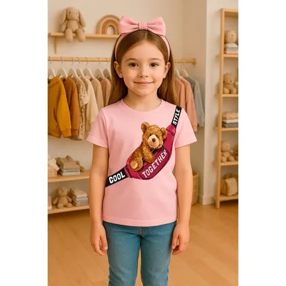 Camiseta Tshirt Blusa Menina Infantil Juvenil Verão 4 ao 16 anos Bag Urso Bolsinha