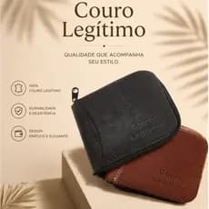 Carteira de Couro Legítimo com ziper porta cartão, notas e moedas