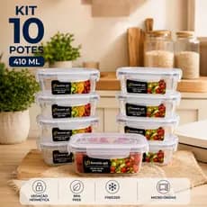 Kit 3/5/10 Unidades Potes de Vidro Hermético Retangular 4 Travas Marmita Fit Microondas Mantimentos 410ml