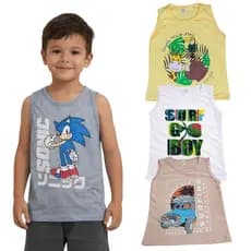 Camiseta regata infantil menino, kit com 5, 100% algodão tamanho 2, 4, 6, e 8 anos, cores e estampas variadas.